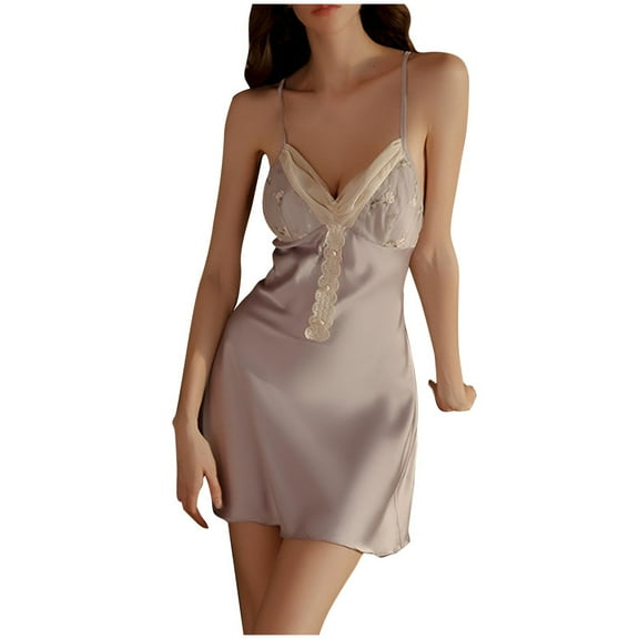 Jalioing Womens Silky Nightdress Sleeveless Spaghetti Strap Stain Pajama Dress with Built in Bra V Neck Nightgown