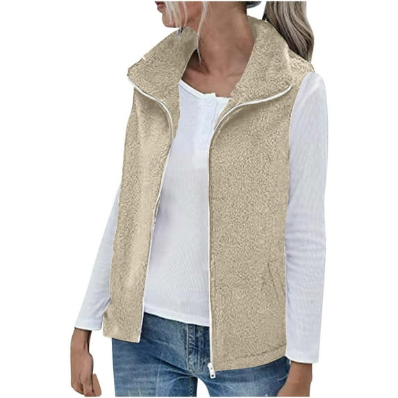 Jalioing Womens Sleeveless Vest Double-Faced Velour Lapel Full-Zipper Closure Soft Comfy Fleece Clothing (Medium, Beige)