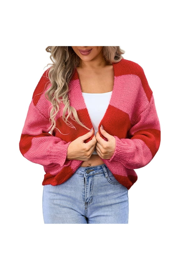 Womens Striped Knit Crop Sweater Fall Winter Cardigan Casual Long Sleeve Cardigans