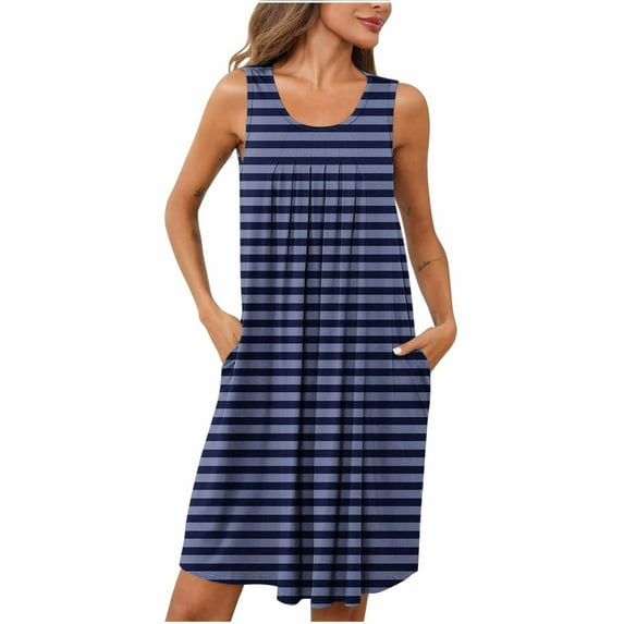 Jalioing Womens Striped Nightgown Loose Flowy Sleeveless Sleep Dress Pleated Scoop Neck Pajama Shirts with Pocket