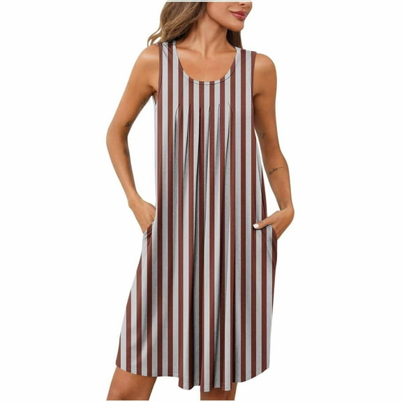 Jalioing Womens Striped Nightgown Loose Flowy Sleeveless Sleep Dress Pleated Scoop Neck Pajama Shirts with Pocket