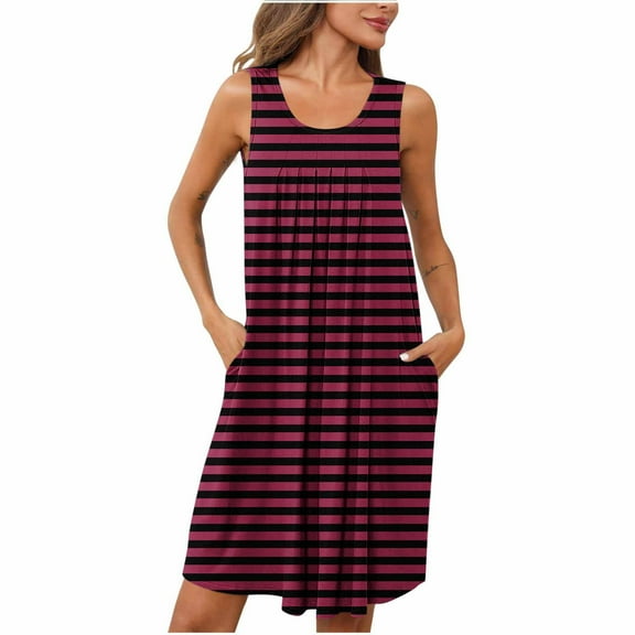 Jalioing Womens Striped Nightgown Loose Flowy Sleeveless Sleep Dress Pleated Scoop Neck Pajama Shirts with Pocket