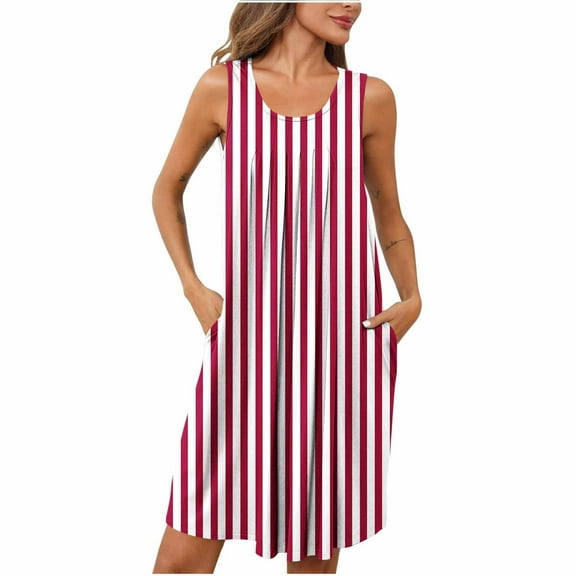 Jalioing Womens Striped Nightgown Loose Flowy Sleeveless Sleep Dress Pleated Scoop Neck Pajama Shirts with Pocket