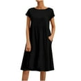 thumbnail image 1 of Jalioing Womens Summer Midi Dresses Cotton Linen Casual Sundress Crew Neck Short Sleeve Pocket Loose Dress (Large, Black), 1 of 5