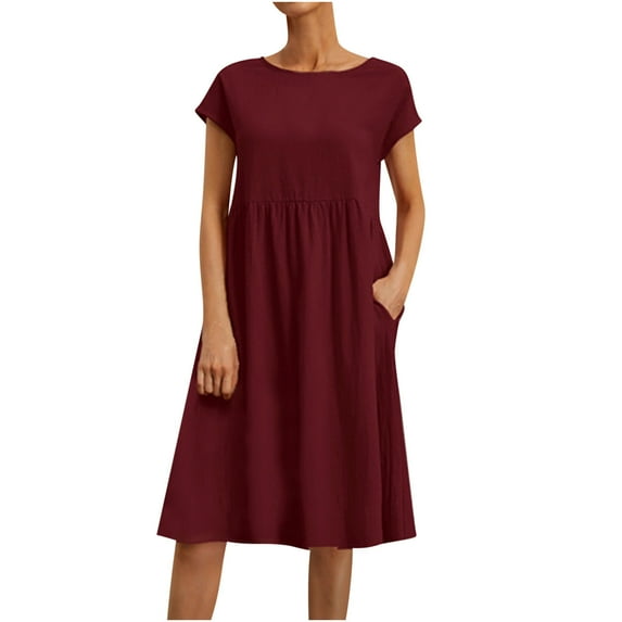 Jalioing Womens Summer Midi Dresses Cotton Linen Casual Sundress Crew Neck Short Sleeve Pocket Loose Dress (XX-Large, Wine)