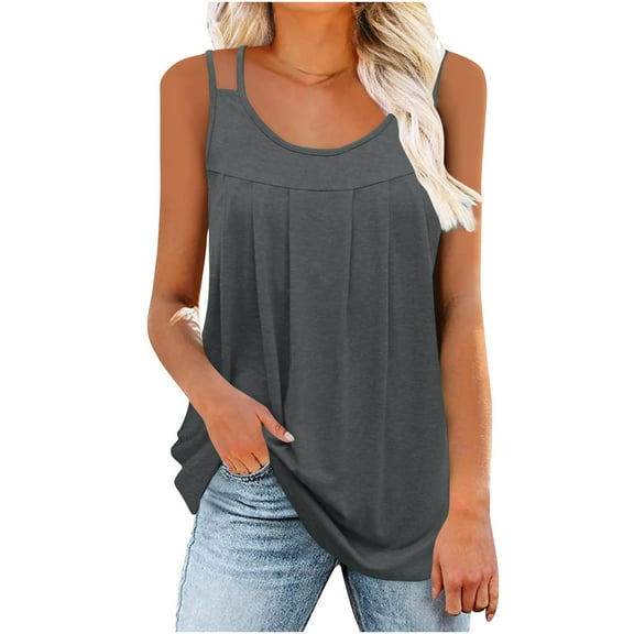 Jalioing Womens Summer Tank Tops Scoop Neck Sleeveless Loose Flowy Shirts Trendy Spaghetti Strap Pleated Camisole