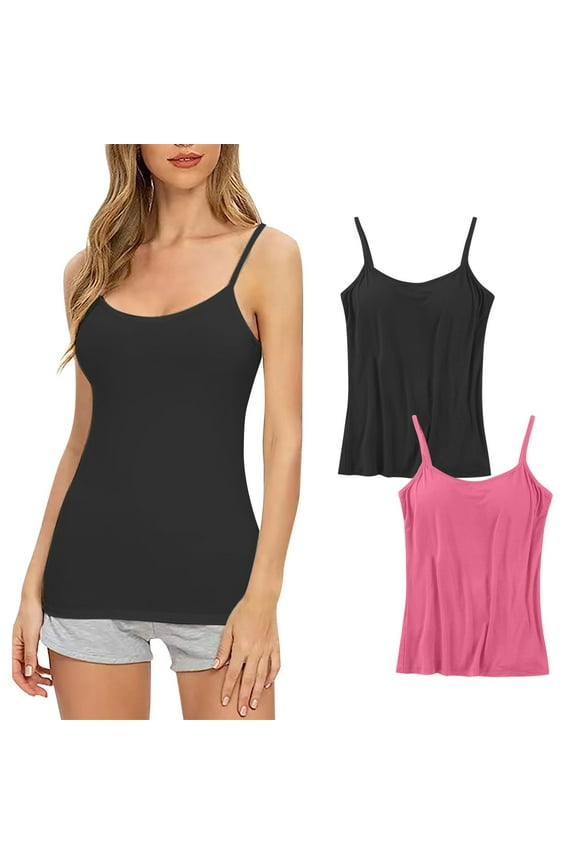 Womens Tank Top with Built in Bra Summer Spaghetti Strap Tees 2 Pack Comfy Camisole Tops