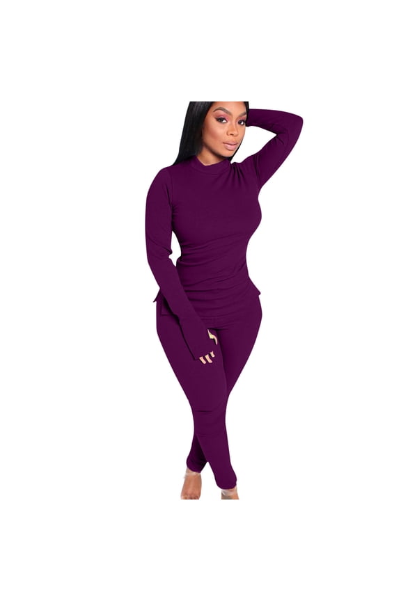 Womens Tracksuit Mock Neck Long Sleeve Suits Pullover Ruched Tunic Top Stretch Soft Pant Ladies Set (Small, Purple)
