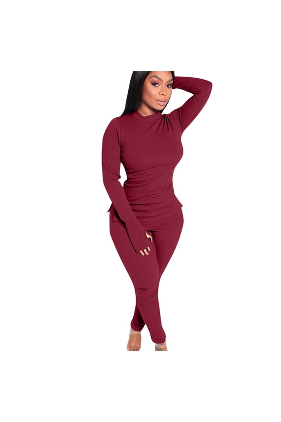 Womens Tracksuit Mock Neck Long Sleeve Suits Pullover Ruched Tunic Top Stretch Soft Pant Ladies Set (Large, Red)