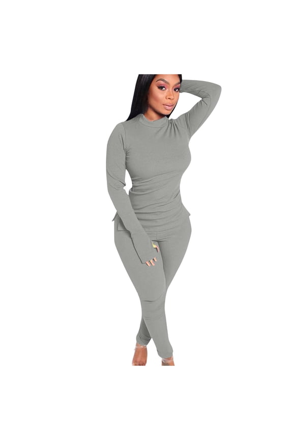 Womens Tracksuit Mock Neck Long Sleeve Suits Pullover Ruched Tunic Top Stretch Soft Pant Ladies Set (XX-Large, Gray)