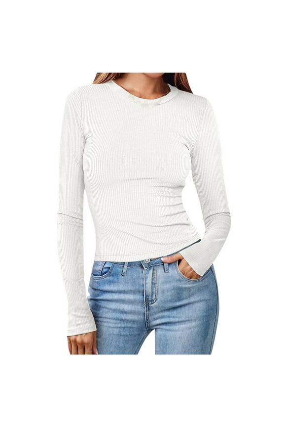 Womens Undershirt Solid Color Round Neck Knit Ribbed Long Sleeve Pullover Flattering Cozy Top (Large, White)