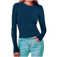 thumbnail image 1 of Jalioing Womens Undershirt Solid Color Round Neck Knit Ribbed Long Sleeve Pullover Flattering Cozy Top (Small, Navy), 1 of 6