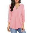 thumbnail image 1 of Jalioing Womens V-Neck Half-Sleeve Blouses 3/4 Sleeve Lapel Ruffled Solid Color Loose Shirts (Small, Pink), 1 of 5