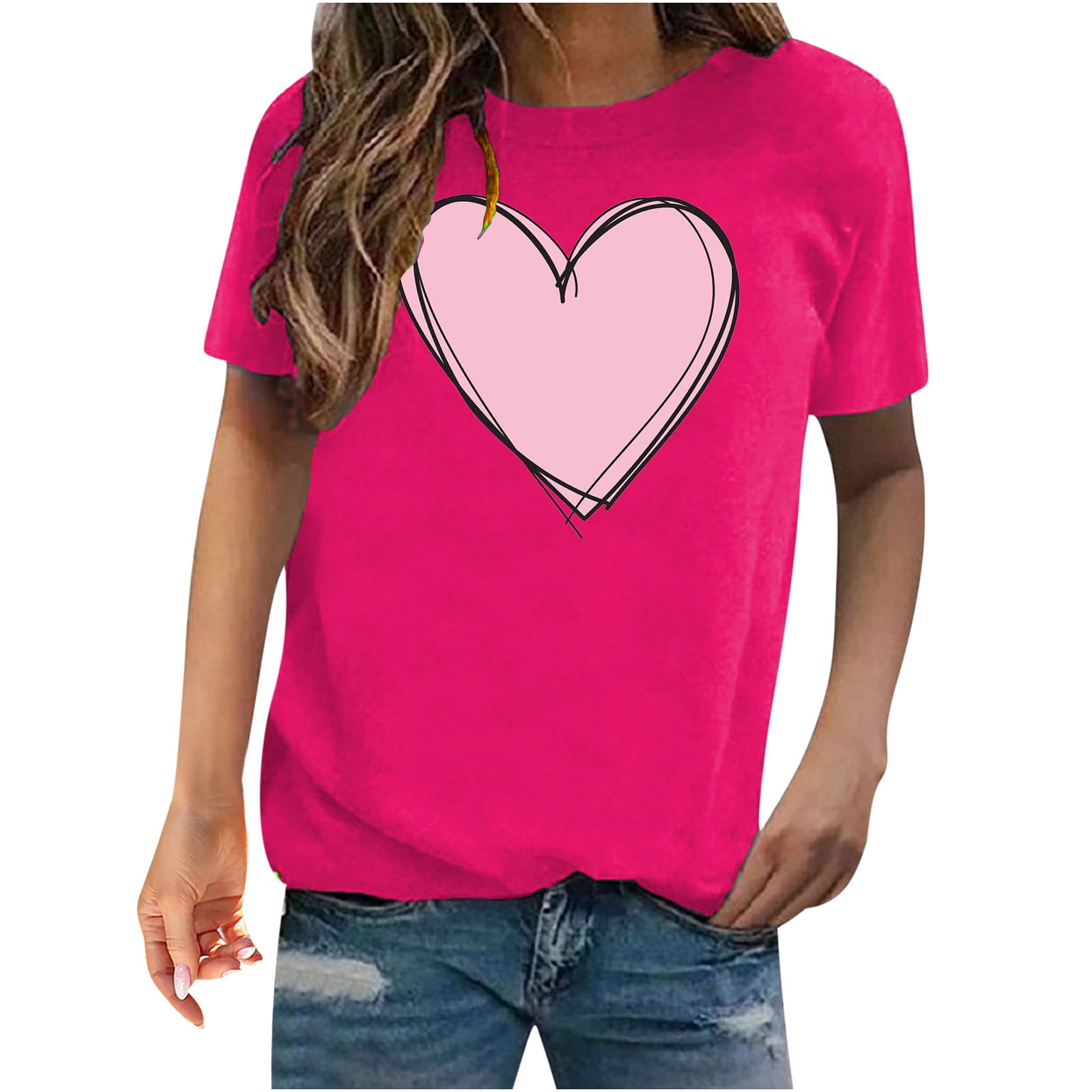 Jalioing Womens Valentine's Day T-Shirt Short Sleeved Top Heart Printed  Round Neck Blouse Shirt (3X-Large, Hot Pink)