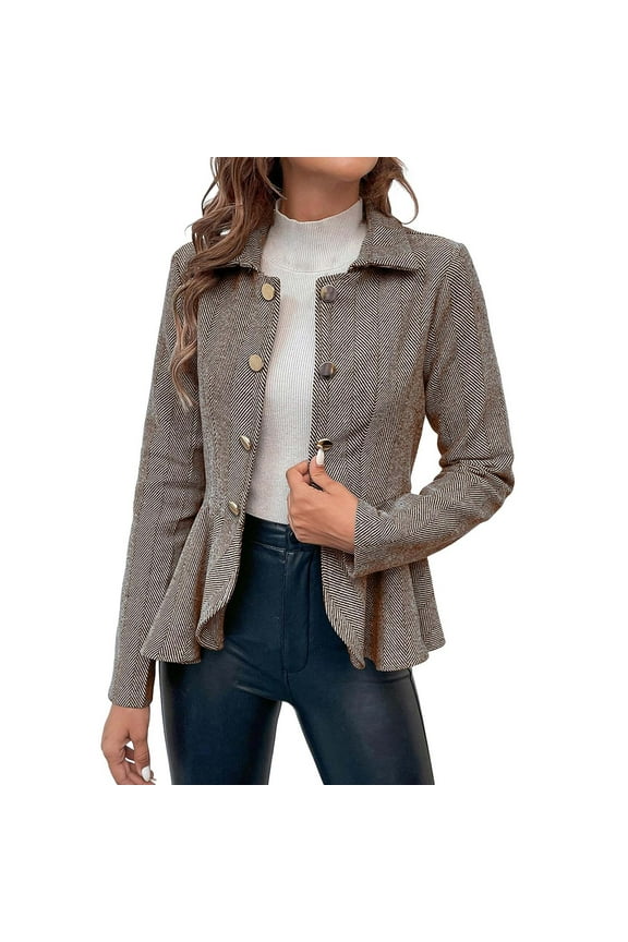 Work Blazer for Women Lapel Double Breasted Button Ruffled Hem Dressy Long Sleeve Business Suit Coat (X-Large, Khaki)