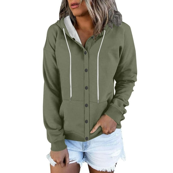 Jalioing Workout Tops for Women Long Sleeve Hooded Single-Breasted Button Drawstring Coats Solid Color Sports Outwear (X-Large, Army Green)