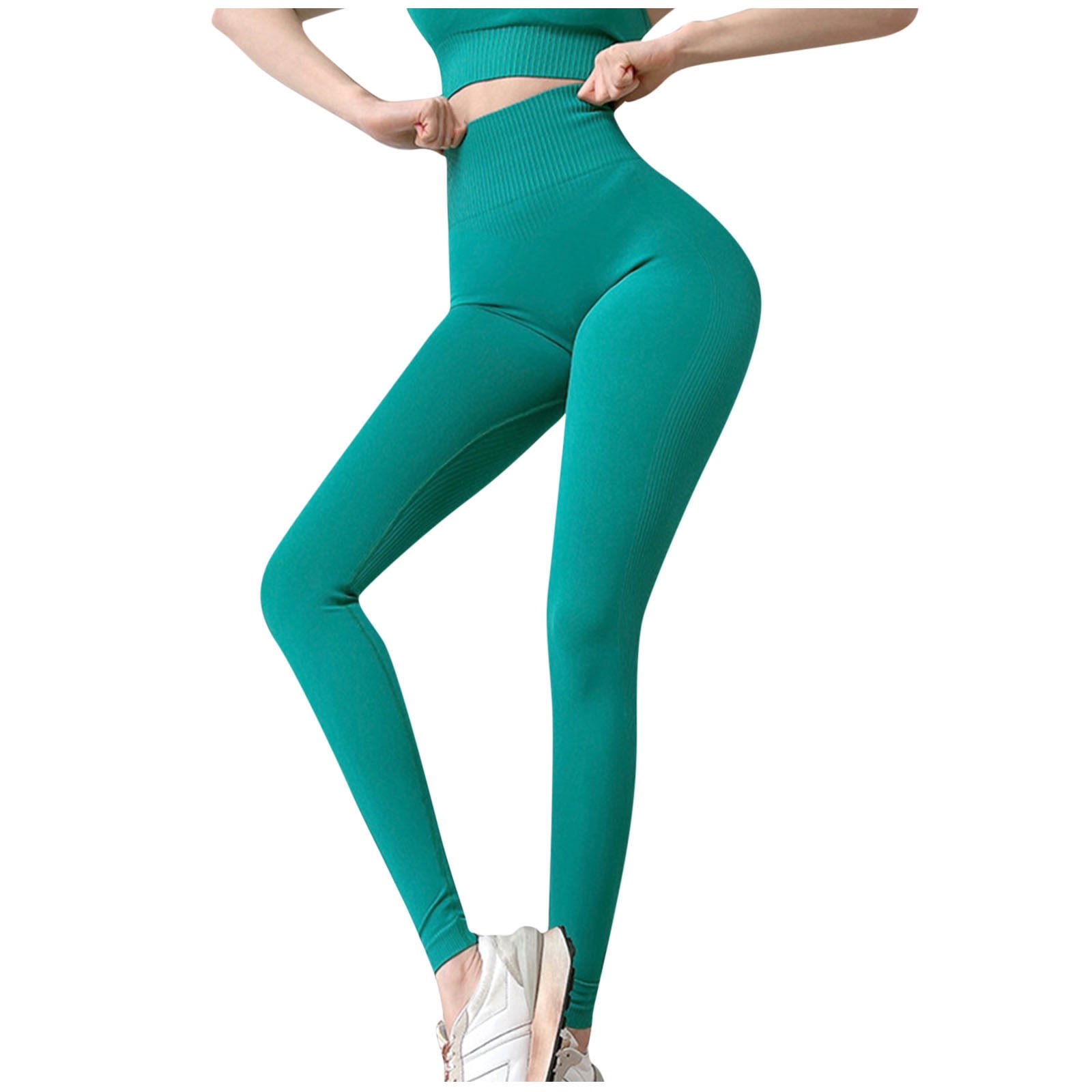 Jalioing Yoga Leggings for Women High Waist Solid Color Ribbed Side Leg  Stretchy Skinny Comfy Athletic Pants (Medium, Green)