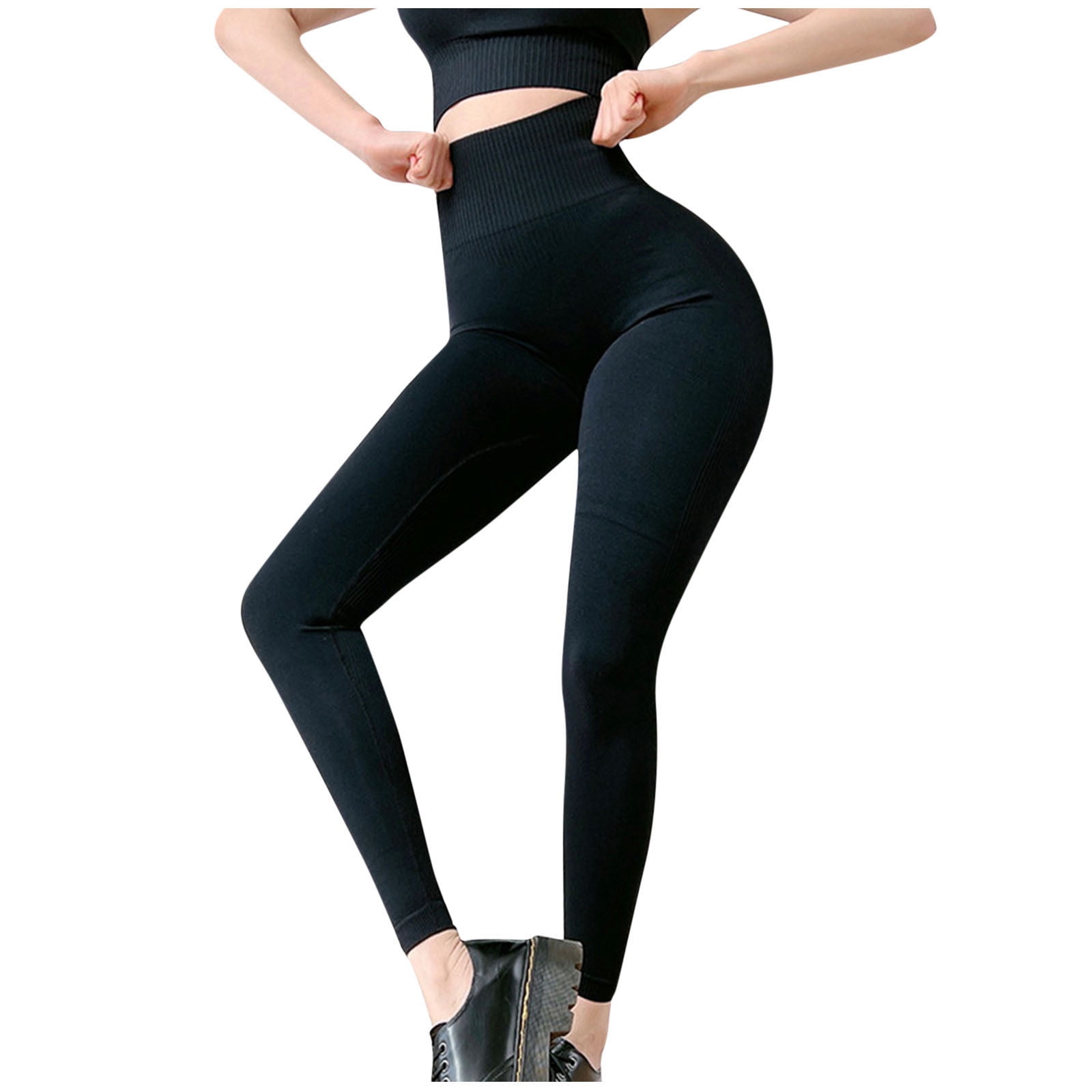 Jalioing Yoga Leggings for Women High Waist Solid Color Ribbed Side Leg  Stretchy Skinny Comfy Athletic Pants (Small, Black) 