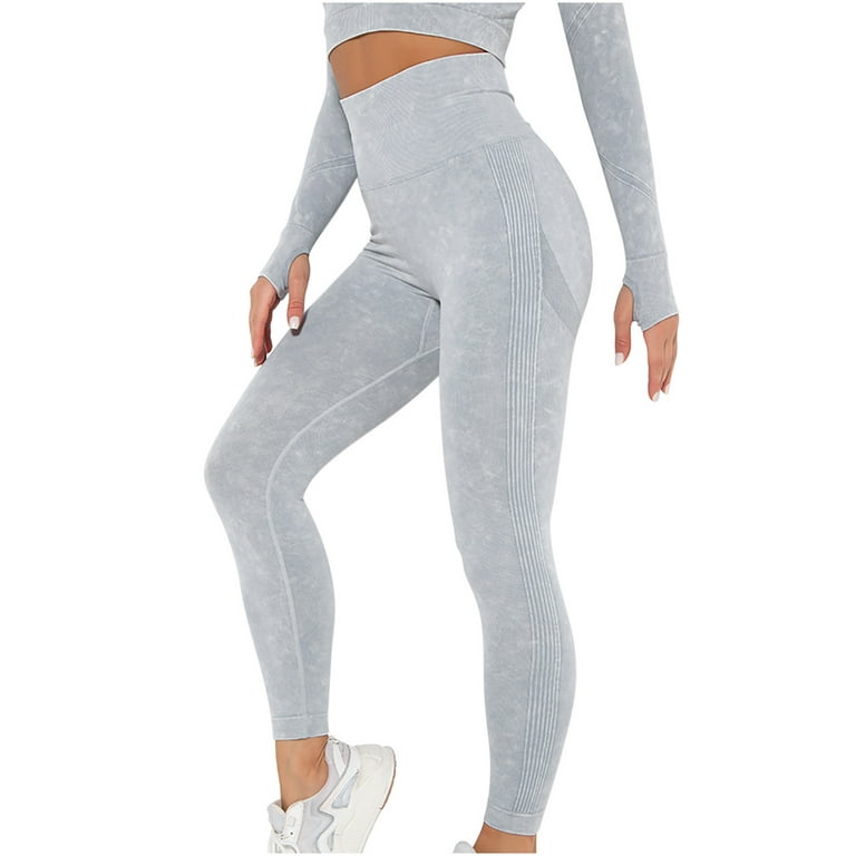 Jalioing Yoga Leggings for Women High Waist Solid Color Ribbed Side Leg  Stretchy Skinny Comfy Athletic Pants (Small, Gray)