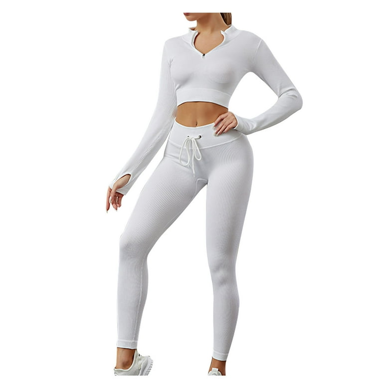 Jalioing Yoga Outwork Suits for Women Stand Collar Half Zip Top High Rise  Stretchy Skinny Cozy Athletic Sets (Medium, White) 