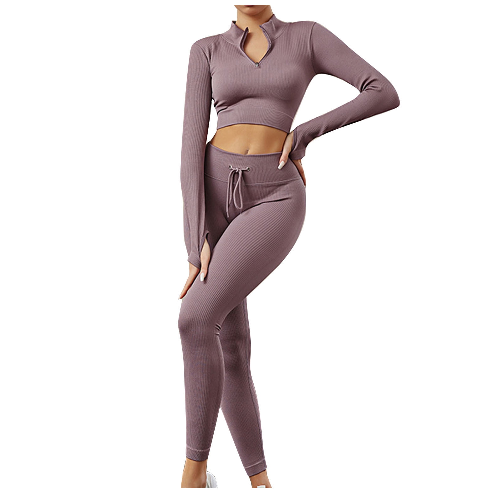 Jalioing Yoga Outwork Suits for Women Stand Collar Half Zip Top High Rise  Stretchy Skinny Cozy Athletic Sets (Small, Purple)