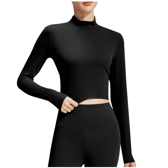 Jalioing Yoga Shirts for Women Mock Neck Long Sleeve Workout Crop Tops Solid Color Basic Casual Athletic Tee Shirt