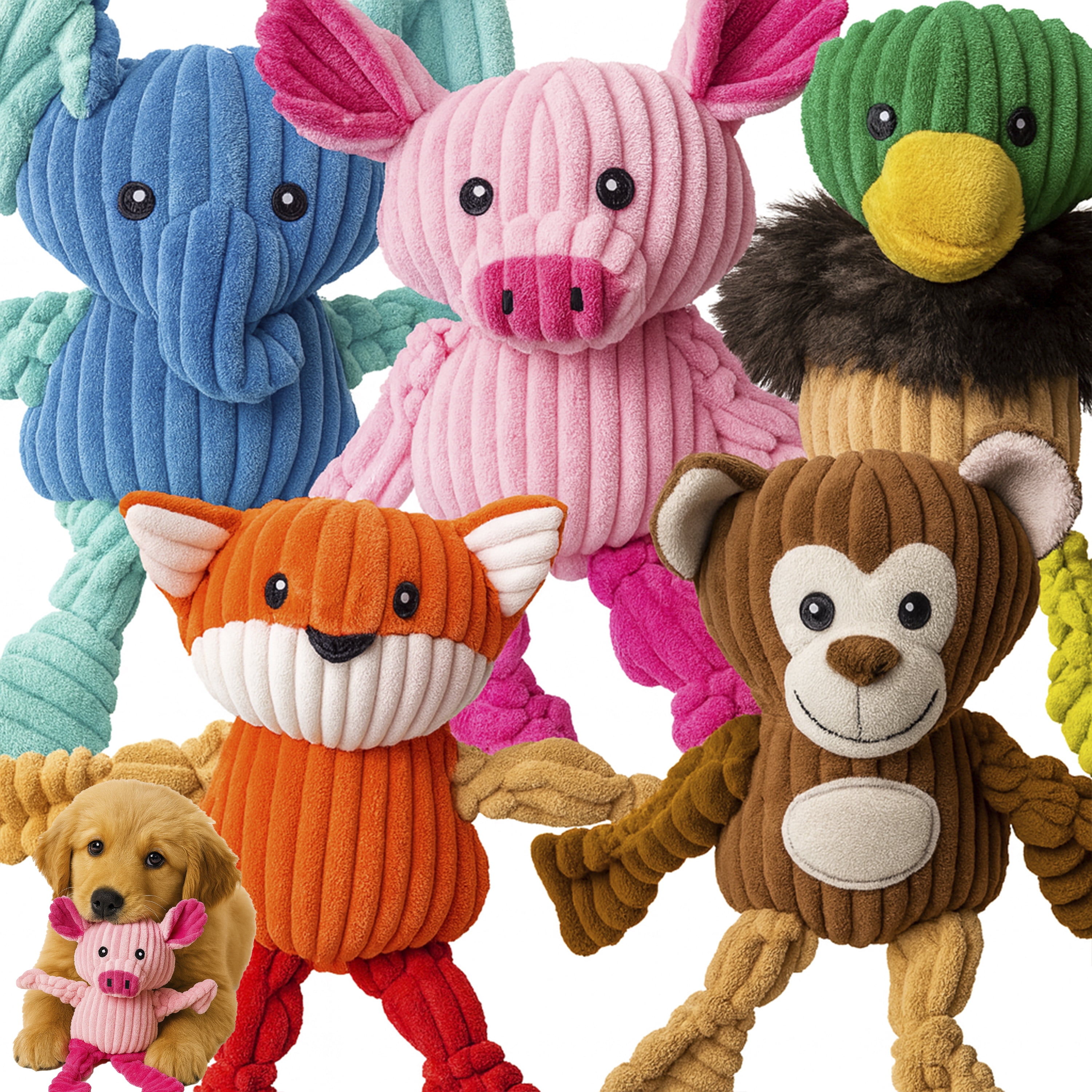 Jalousie 5 Pack Dog Squeaky Toys with Knotted Arms and Legs for Chewing Dog Plush Toy Medium Large Dog Toy Bundle
