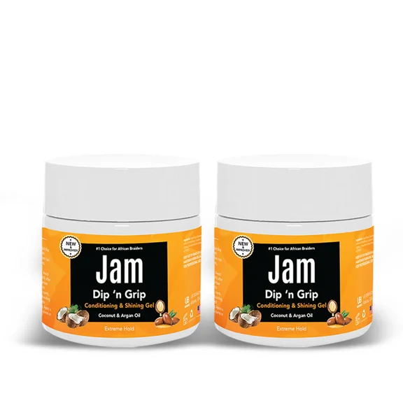 Jam Dip N Grip Hair Braiding Gel  Extreme Hold & Shine  Hair Gel with Argan, Coconut & Castor Oils  For Braids, Twists & Curls  For All Hair Types  8oz, 2-Pack