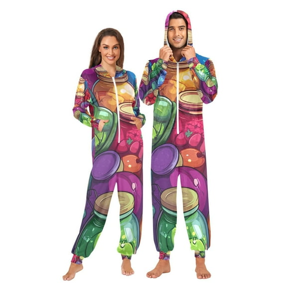 Jam Jars Colorful Adult Onesie Pajamas Slim Fit Christmas One Piece Suit Pjs for Women and Men Hooded Zipper