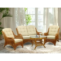 Jam Living Set of 2 Natural Rattan Wicker Lounge Chairs, Loveseat with Cream Cushions and Coffee Table w/Glass Handmade, Colonial