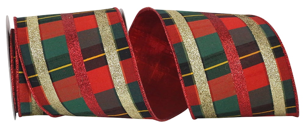 Jam Paper Christmas Multi-Color Polyester Plaid Stripe Ribbon, 5Yd X 4In, 1/Pack