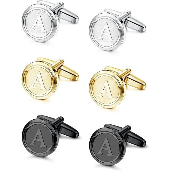 JamY Home 3 Pairs Initial Cufflinks For Men Classic Mens CuffLinks Set Letter Cuff Links for Casual to Formal with Gift Box Silver Black 14K gold plated Cufflinks for Father Husband