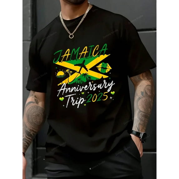 Jamaica Anniversary Trip 2025 Couple Summer Vacation Trip T-Shirt - 100% Cotton Summer Tops Graphic Tees, Graphic T Shirts For Men, Jamaica Nana Shirt Ropa De Hombre