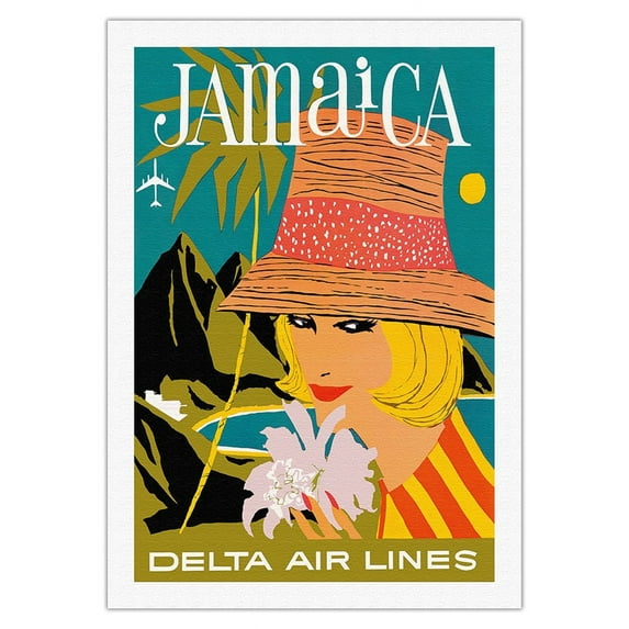 Jamaica Caribbean - Delta Air Lines - Vintage Airline Travel Poster by John Hardy c.1960s - Fine Art Rolled Canvas Print 27in x 40in
