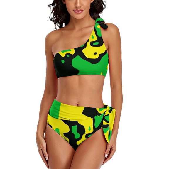Jamaica Flag Bikini Swimsuit Green Yellow Stripes High Waist Swimwear Design Bikini Set Women Push Up Feminine Bikinis