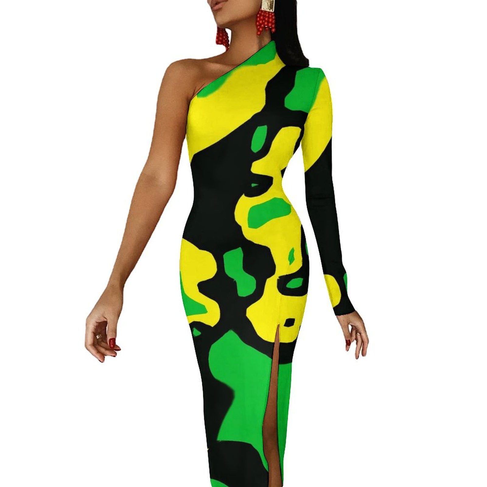 jamaican bodycon dress Jamaica Flag Bodycon Dress Summer Love Jamaica Modern Side Split Long  Dresses Long Sleeve Design Street Wear Dress