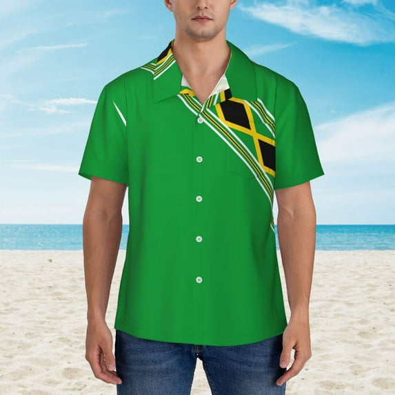 Jamaica Flag Casual Shirt Green And Yellow Loose Hawaiian Shirts Male Short Sleeve Vacatio