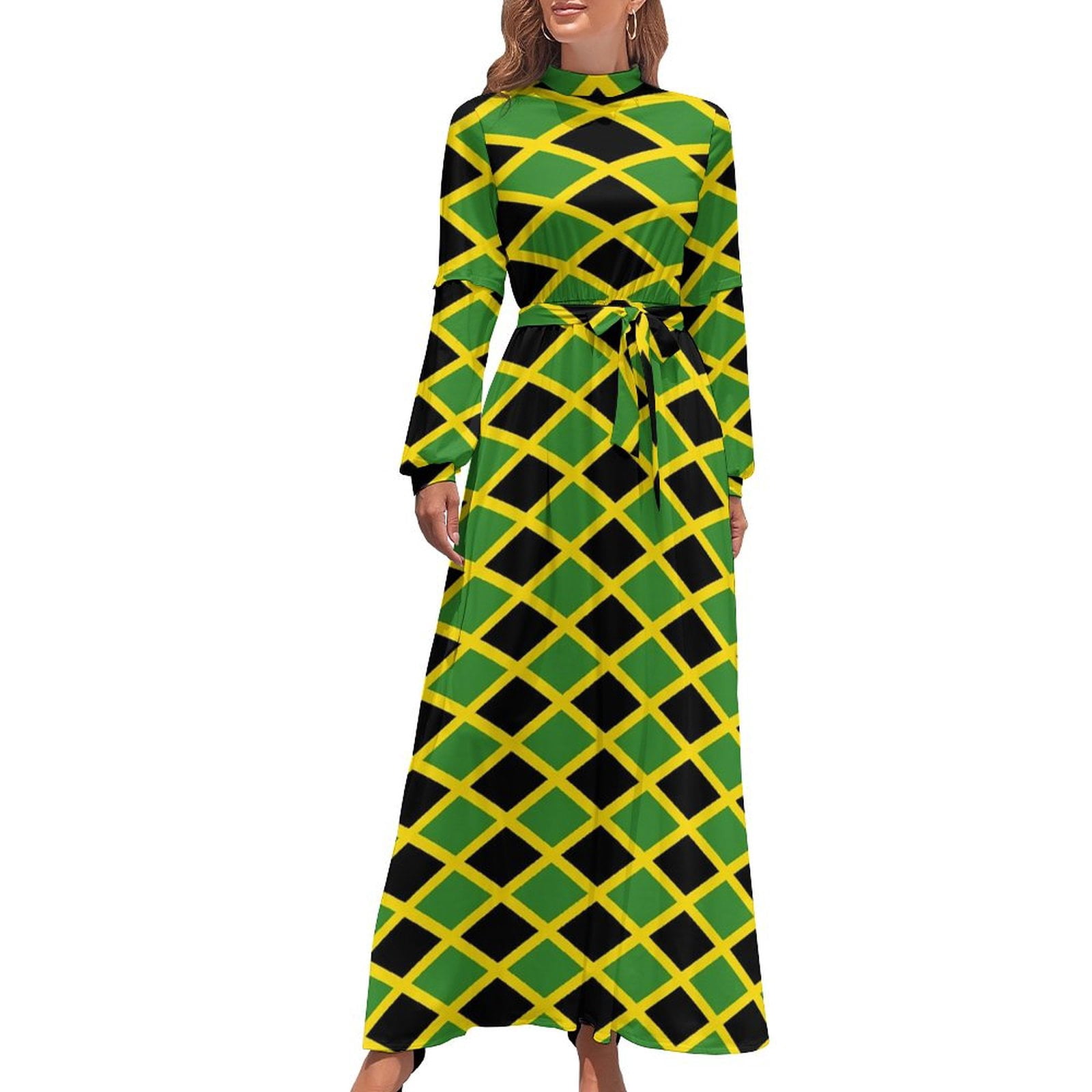 LINGTIAN Jamaica Flag Dress Green Yellow Stripes Vintage Maxi Dress Casual Boho Beach Long Dresses High Waist Graphic Vestidos, Women's, Size: Medium
