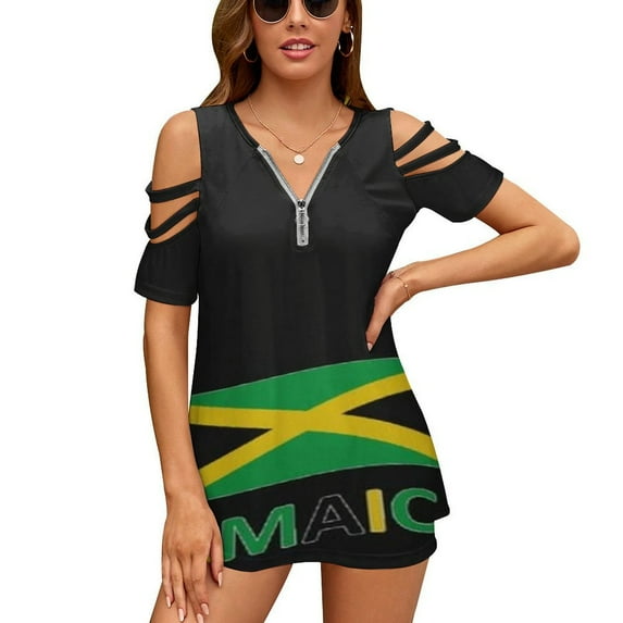 Jamaica Flag Jamaica Logo Womens Summer V Neck Zipper Top Short Sleeve T Shirt Off Shoulder Top Casual Classy Loose Shirts