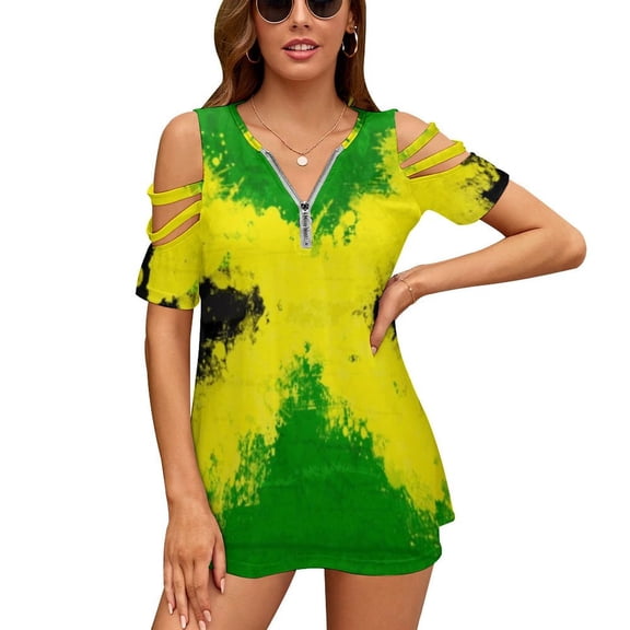 Jamaica Flag, Jamaican Flag Womens Summer V Neck Zipper Top Short Sleeve T Shirt Off Shoulder Top Casual Classy Loose Shirts