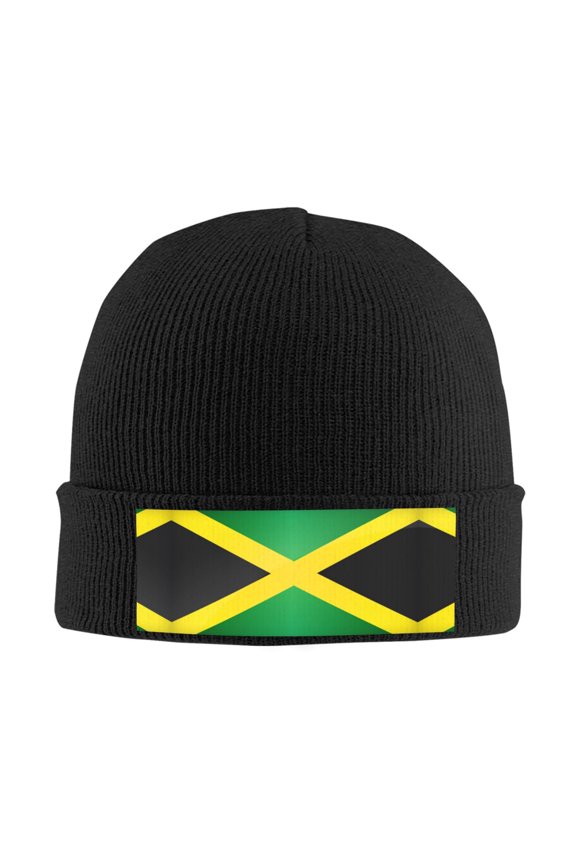 Jamaica Flag Pattern Winter Beanie Hats for Men Women Warm Cozy Knitted Cuffed Skull Cap Black