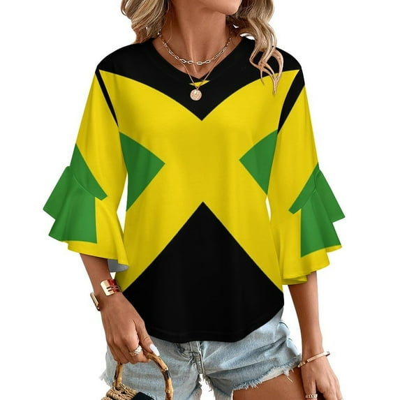 Jamaica Flag Women's V-Neck Blouse With 3/4 Ruffled Bell Sleeves Casual Top Ladies Blouses
