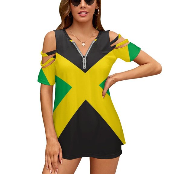 Jamaica Flag Womens Summer V Neck Zipper Top Short Sleeve T Shirt Off Shoulder Top Casual Classy Loose Shirts