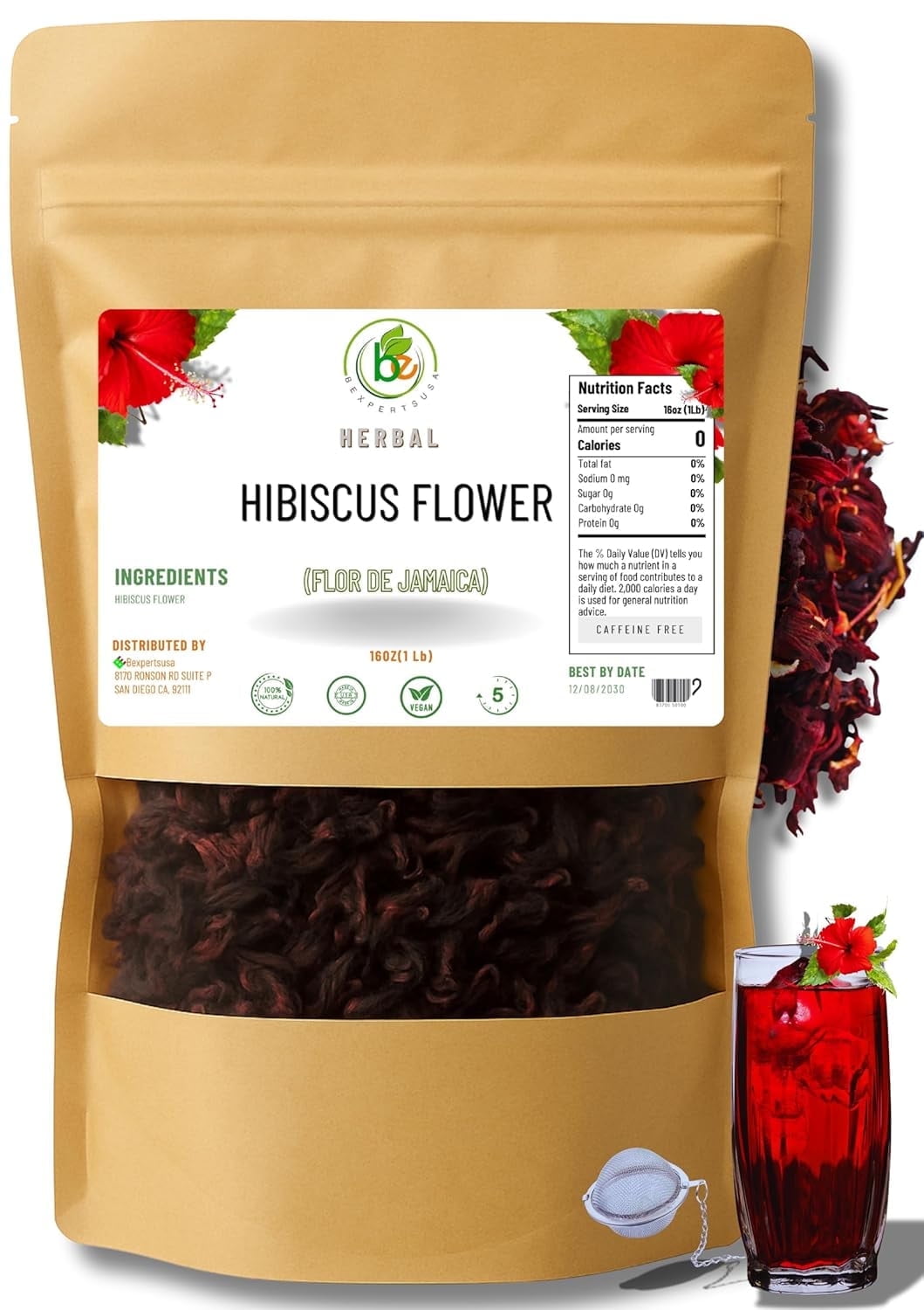 Jamaica Flor  100% Natural Loose Leaf Hibiscus Tea  16 oz (1 lb)  Dried Hibiscus Flower Petals  Caffeine-Free  Rich in Antioxidants  Vegan, Non-GMO  Supports Digestion & Hydration, Includes Te