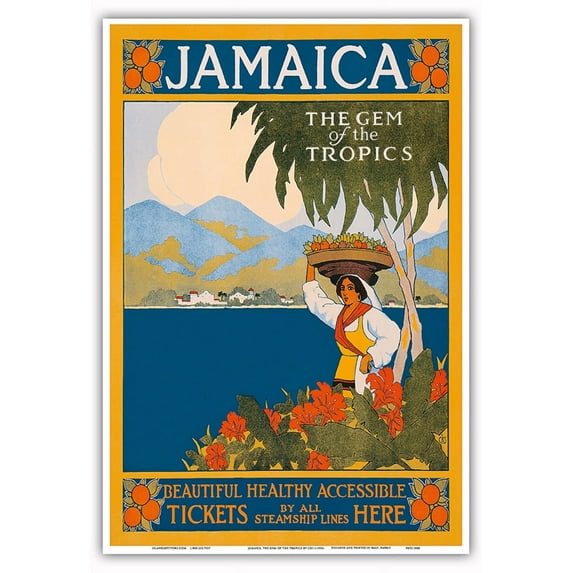 Jamaica - The Gem of the Tropics - Beautiful Healthy Accessible - Tickets by All Steamship Lines Here - Vintage Travel Poster by CKS c.1910 - Master Art Print (Unframed) 13in x 19in