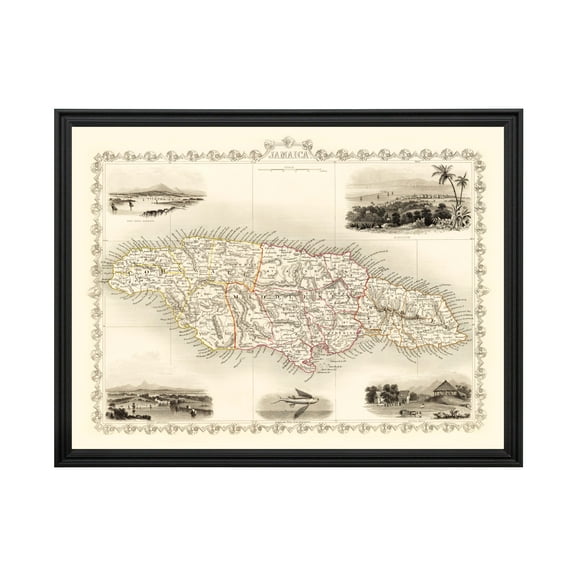 Jamaica Map, 1851 Vintage Map of Jamaica History Wall Decor Gift, Old Jamaica Map - 24" x 18" Black Framed Print