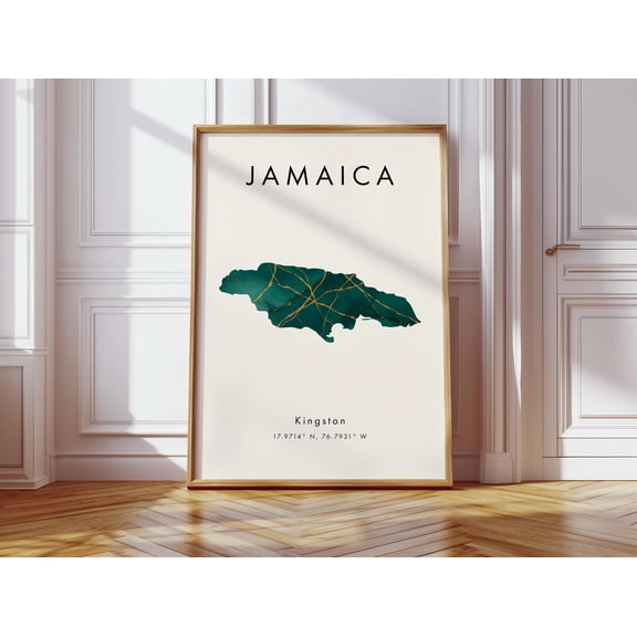 Jamaica Map Poster Green and Gold North America Wall Art Print Home Decor Geography Map Gift Wallpaper
