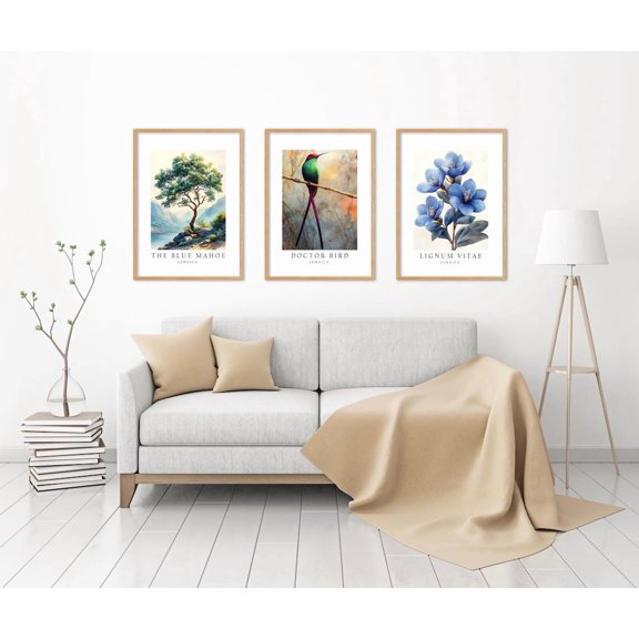 Jamaica National Symbols Poster Doctor Bird Lignum Vitae and Blue Mahoe Tree Wall Art Decor Set 3