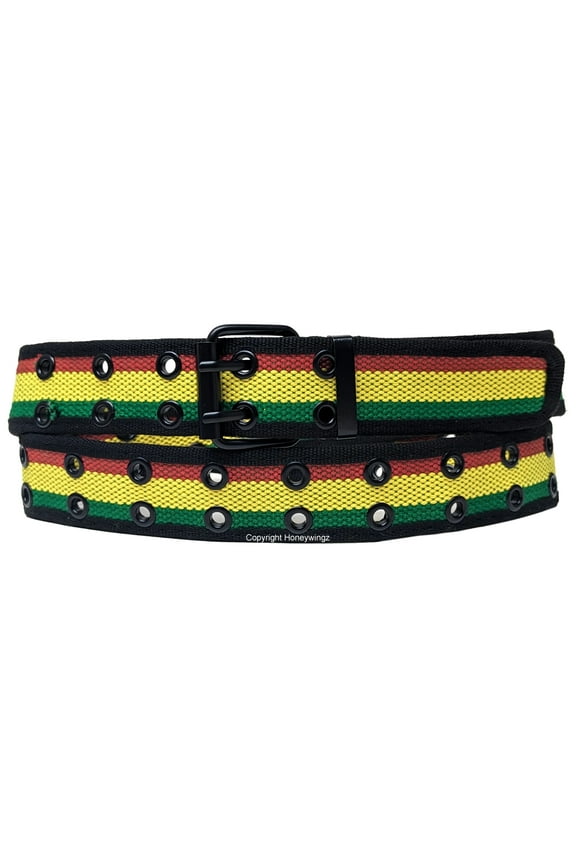 Jamaica Reggae Rasta Style Row Metal Grommet Stitched Canvas Fabric White Military Web Belt