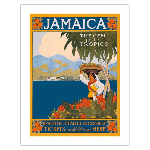 Jamaica - The Gem of the Tropics - Beautiful Healthy Accessible - Tickets by All Steamship Lines Here - Vintage Travel Poster by CKS c.1910 - Bamboo Fine Art 290gsm Paper (Unframed) 17x22in
